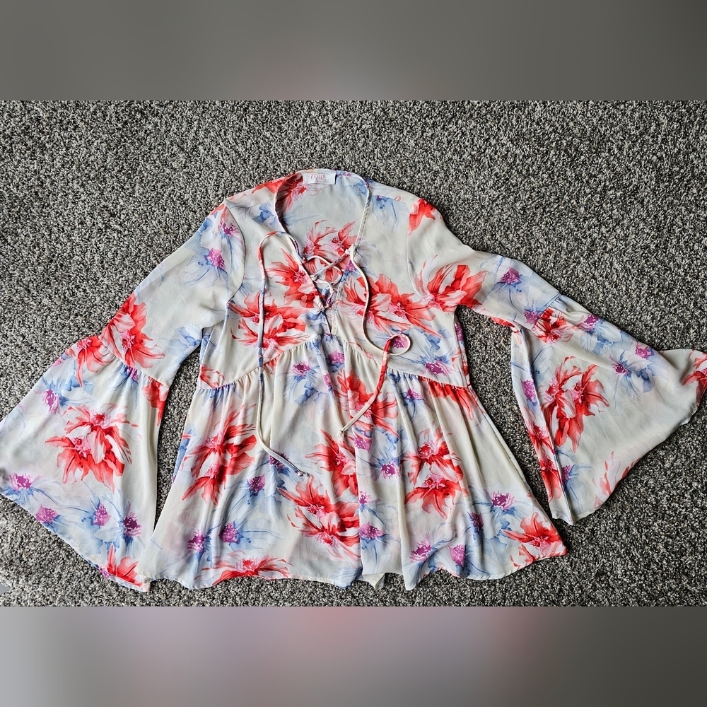 Peach Love California White Floral Bell-Sleeve Tie-Front Top